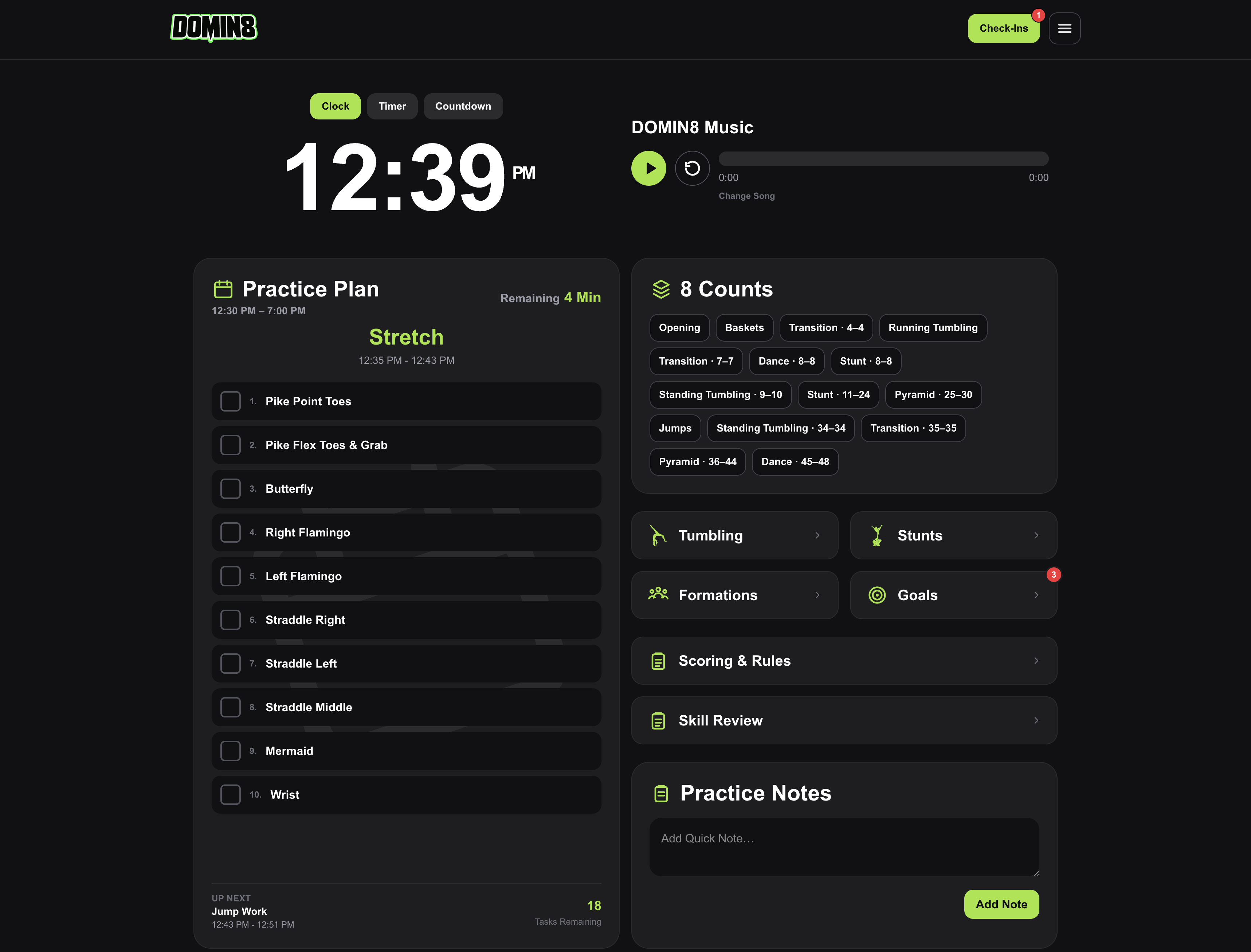 CoachRyte team dashboard with practice tools